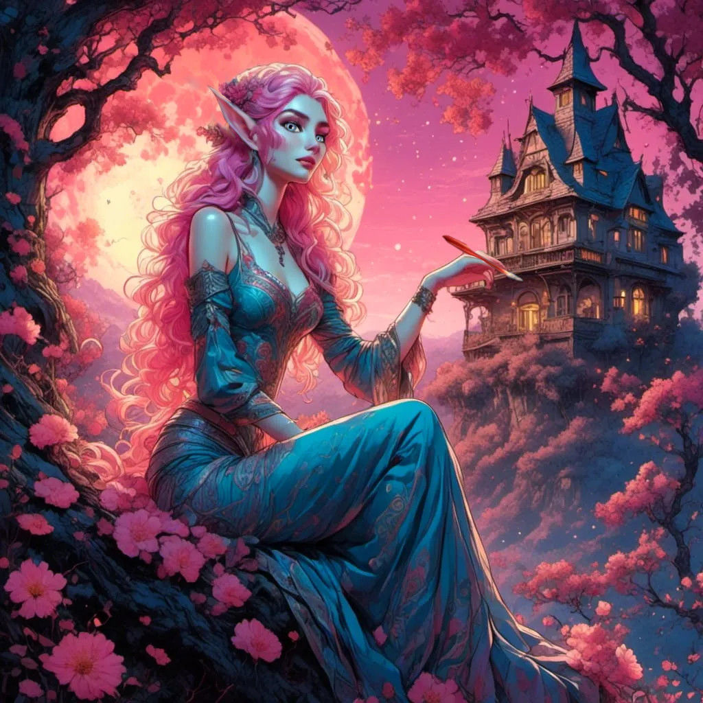 <lora:Moonglow:1.0> <lora:Elf Style 2:1.0> <lora:5E:1.0> A softly glowing pale elf young female country painter with sharp pointed ears, and...