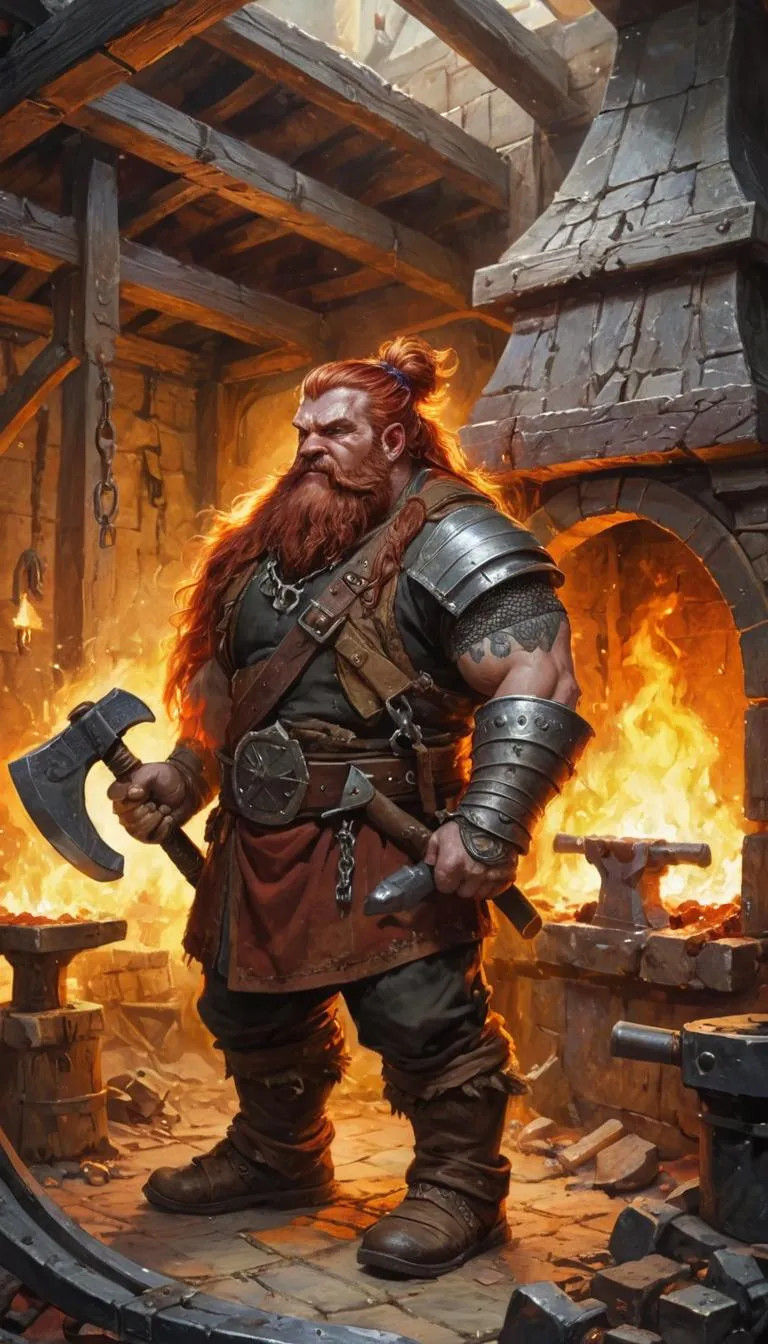 Change position.
a dwarven man with fiery red hair and dark skin is working as a blacksmith, with a belt full of hammers. Short, stout, stro...