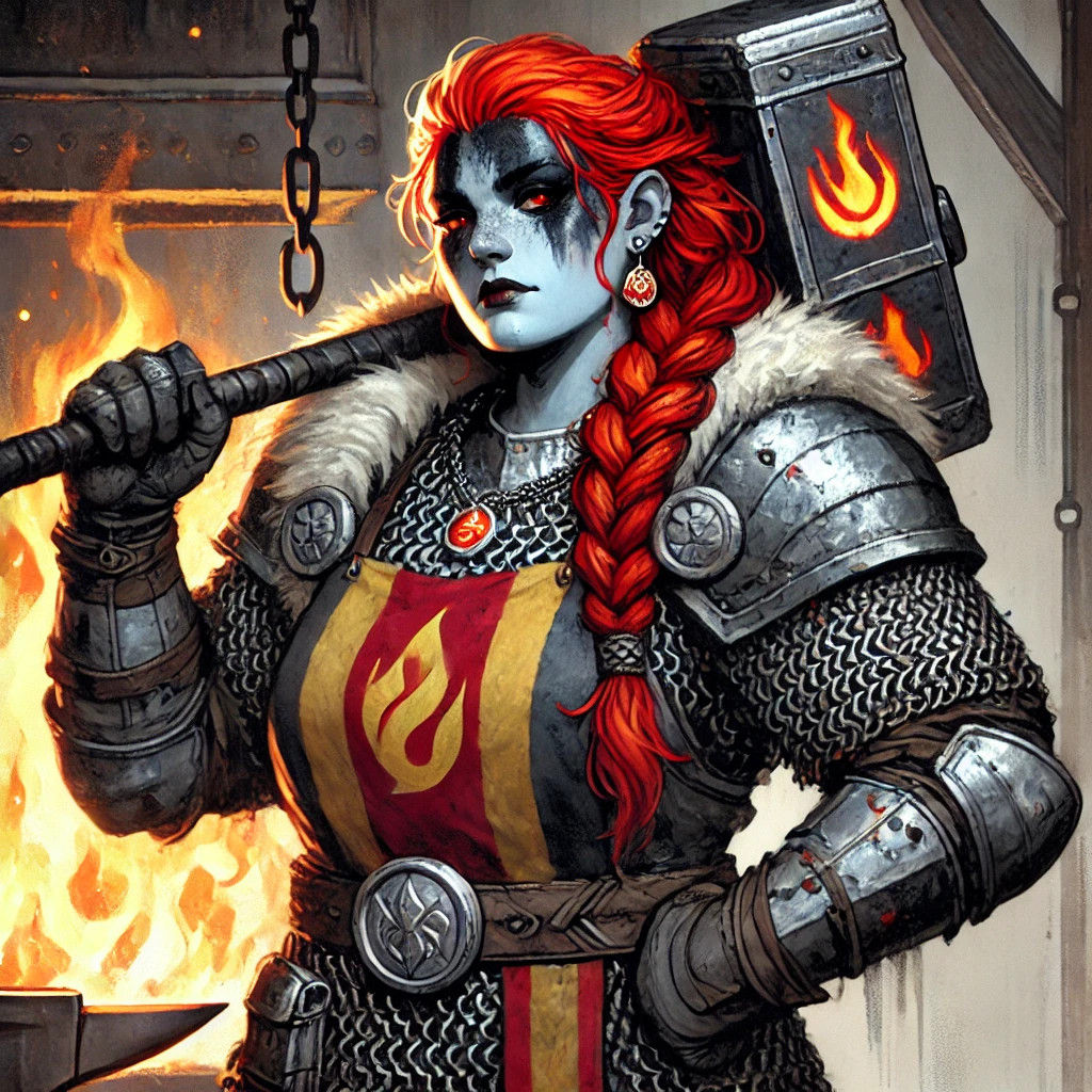 A member of the fire dwarf clan.
Aesthetic Style: Fantasy realism, Semi-realistic, painterly texture, softbrush blending for realism, with h...