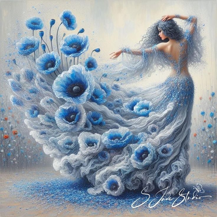 A woman with cascading iridescent blue hair.