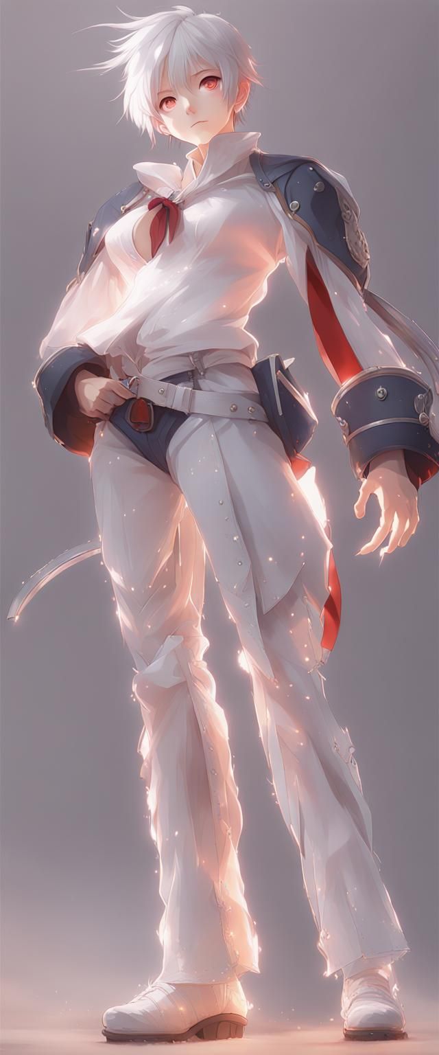 Teenage male white haired red eyed catboy with cat ears, and a tail emerging from his behind. By artist "anime", 3d anime art, inspired by W...
