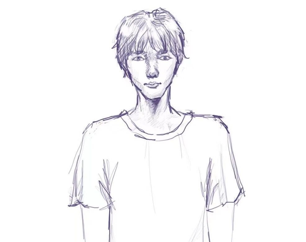 A handsome young Asian man with a delicate and deep face, a thin and long face, big eyes, a high and narrow nose, and a thin and small mouth