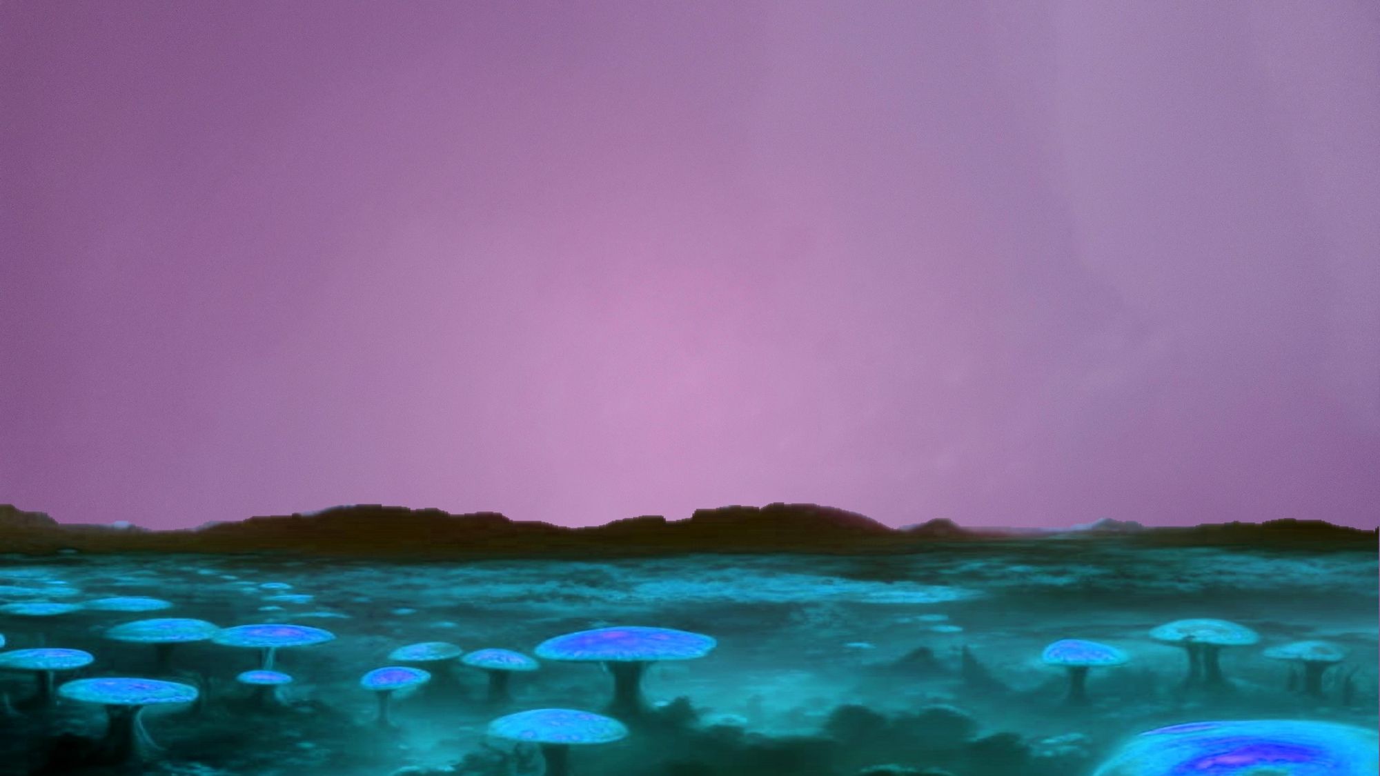 Mushrooms of an alien world, pink misty sky