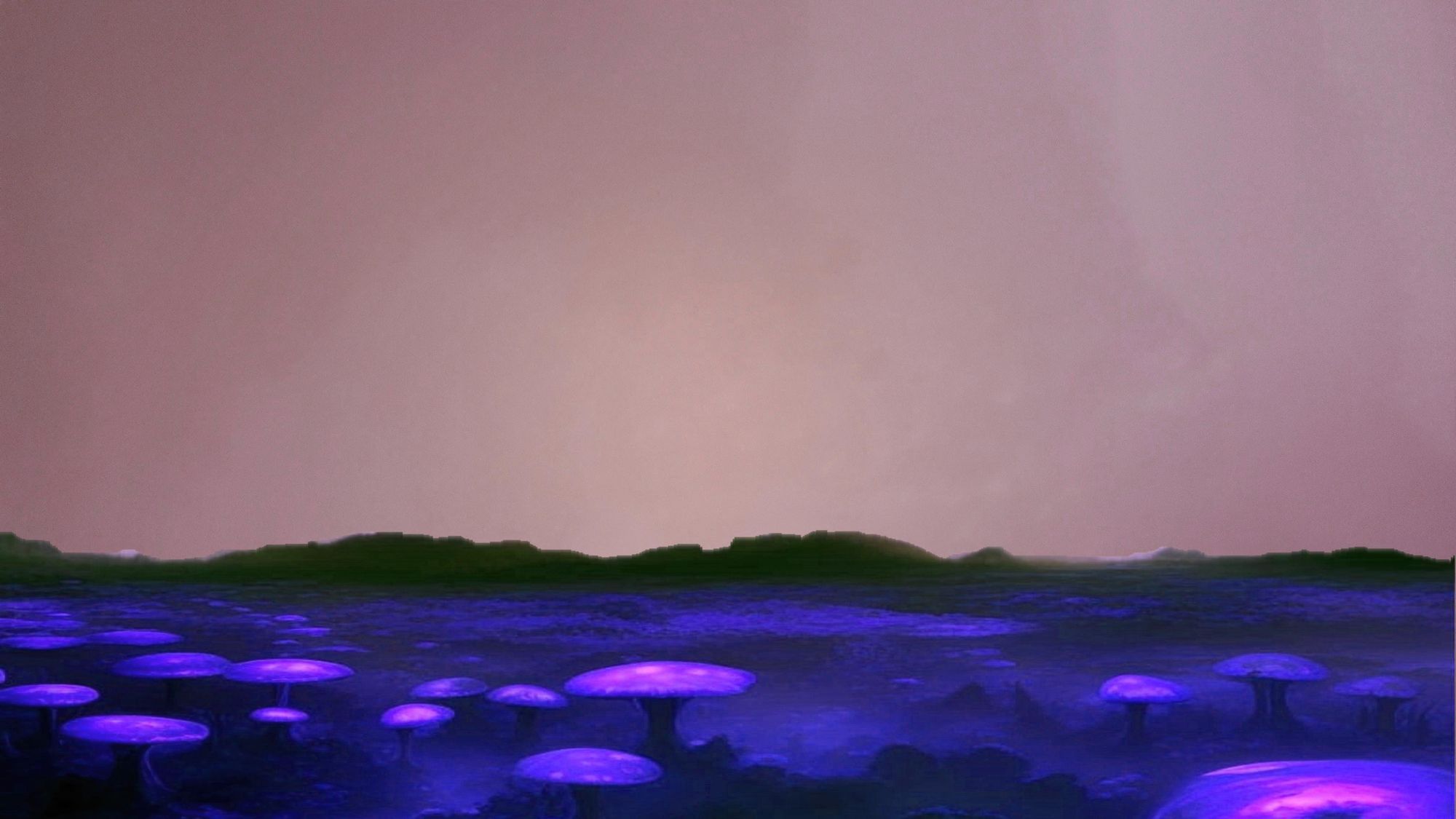 Strange alien planet, giant purple mushrooms, deep valleys,   distant black hills. stars in sky. large moon in sky, misty clouds 