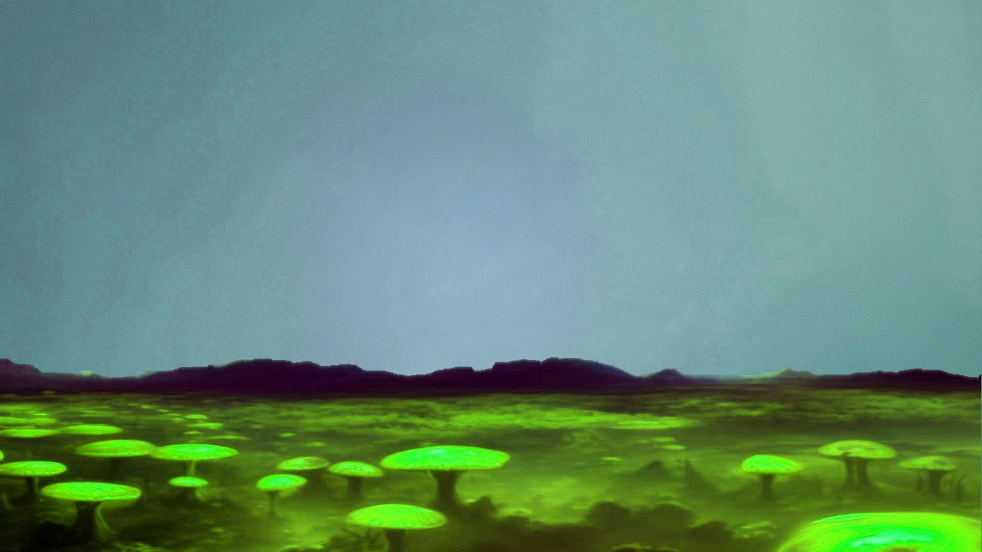 Strange alien planet, giant yellow mushrooms, deep valleys,   distant black hills. stars in sky. large alien moon in sky, misty clouds 