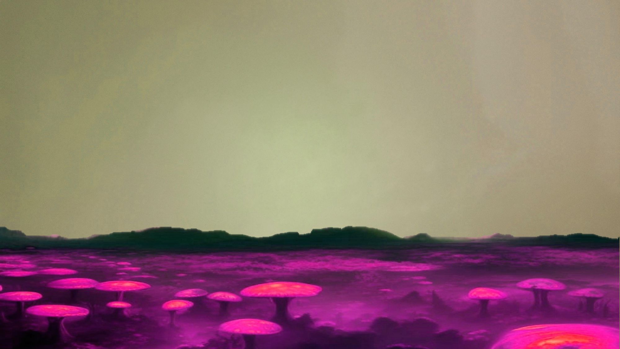 Strange alien planet, giant magenta mushrooms, deep valleys,  pools of water, distant black hills. stars in sky.  alien moon in sky, misty c...