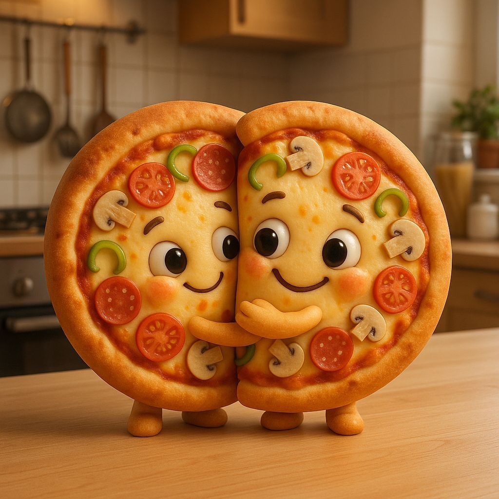 Two adorable cartoon pizzas hugging each other.