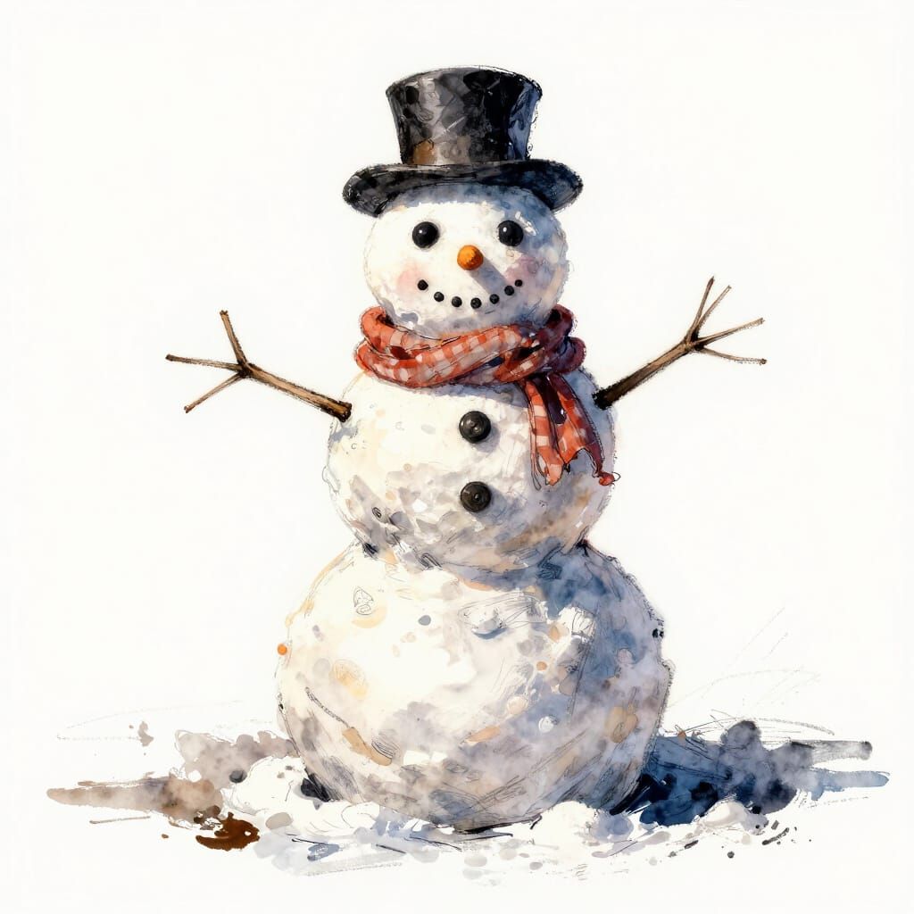 snowman is melting has sad expression on his face