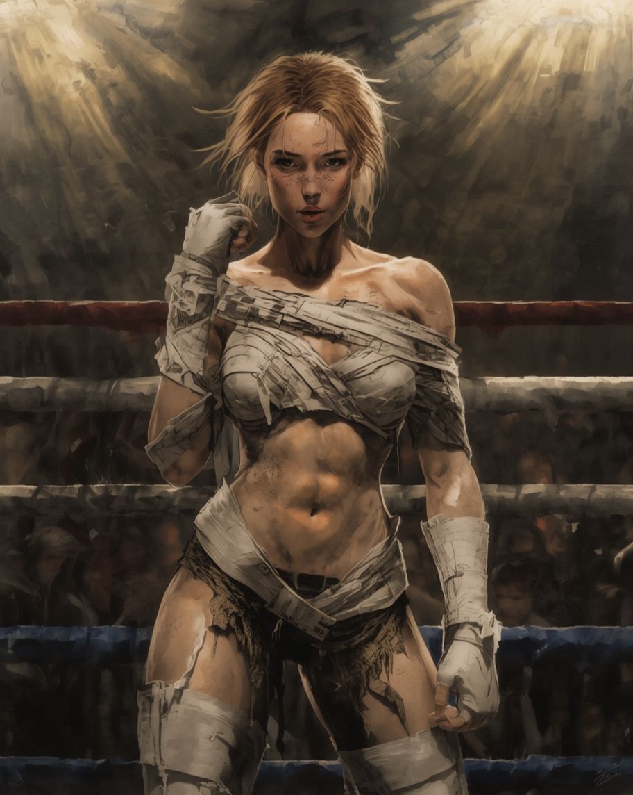 female character in a boxing ring during a fight.