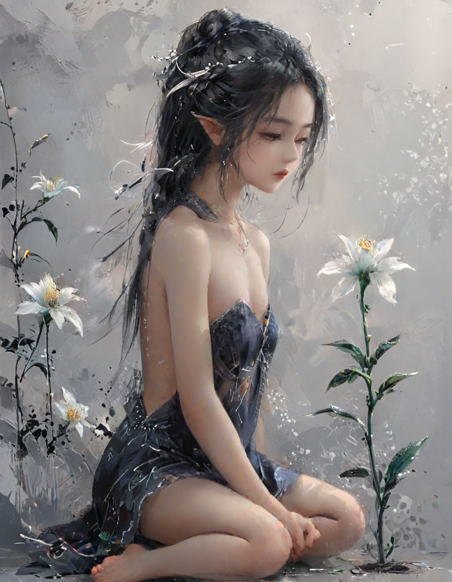 Grayscale Illustration of Girl with Flower