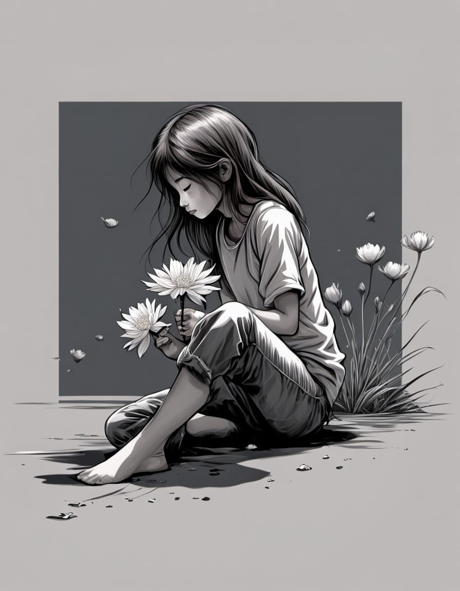 Grayscale Illustration of Girl with Flower