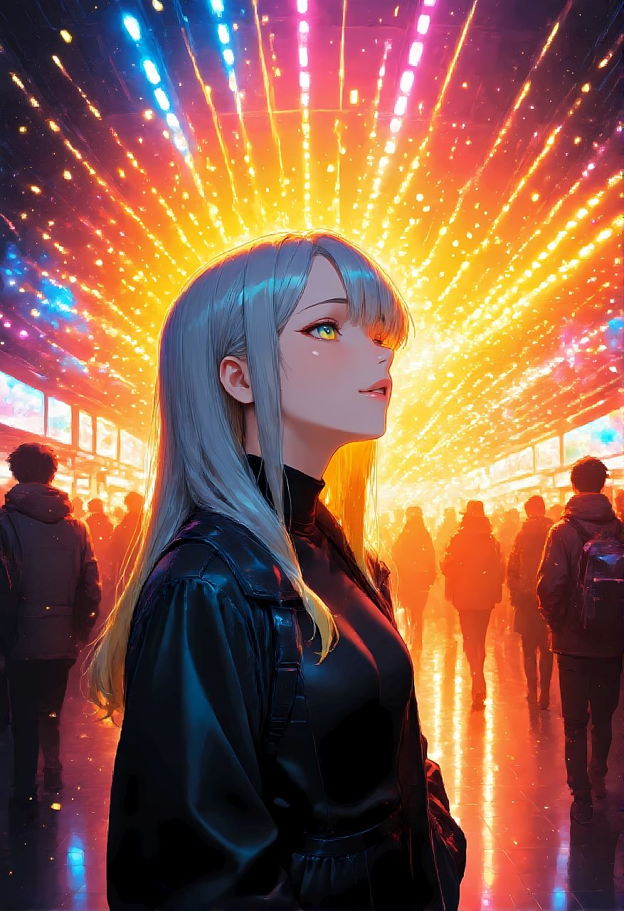 A confident woman stands in a vibrant Solarpunk hall