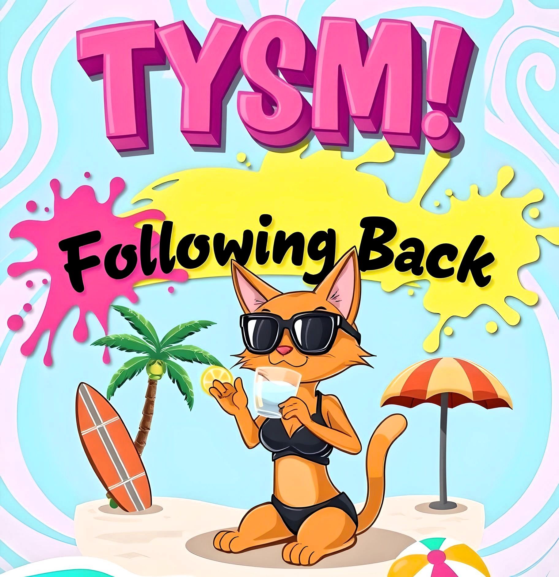 Vibrant and playful raised text that says "TYSM Following Back" set against a subtly textured backdrop in a whimsical, multi-colored font wi...