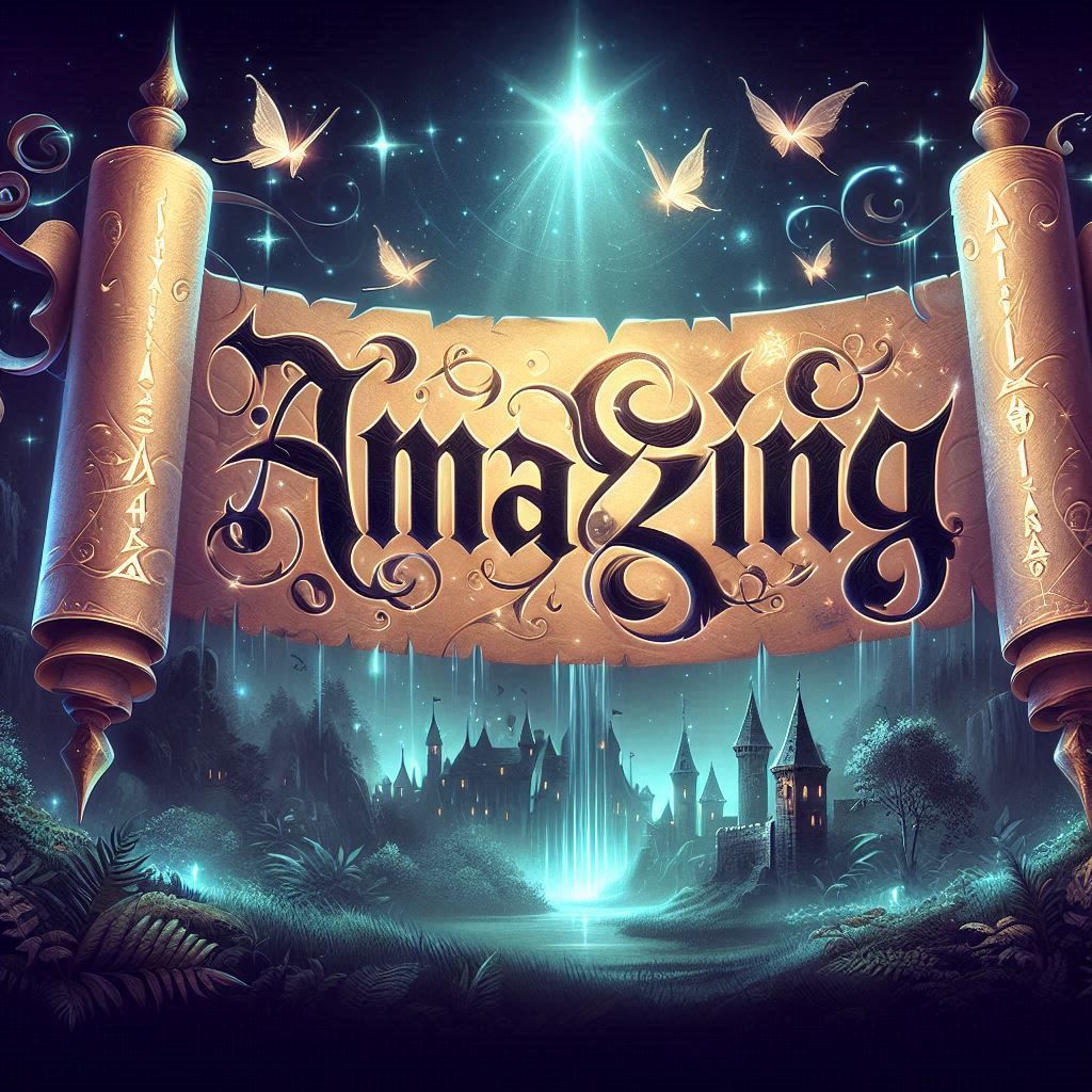 Fancy gold scroll with text that says AMAZING in medieval font