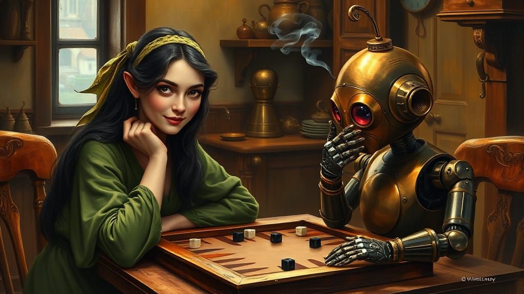 victorian era dark hair fairy woman. kitchen. playing back gammon with brass and ruby robot. robot frowns and has its hand on it's mouth.. f...