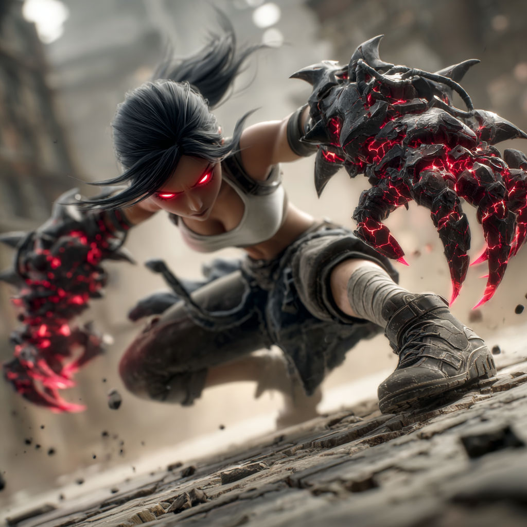 A dark futuristic battle scene, a powerful female warrior crouched low in a dynamic pose, glowing red eyes radiating fury, massive biomechan...