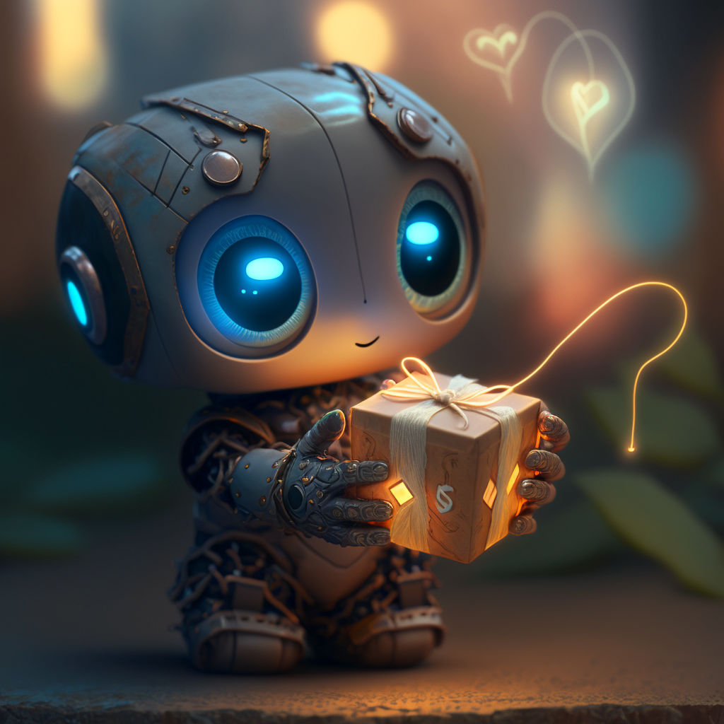 A cute futuristic robot with glowing neon blue eyes and antennas standing in the middle of Times Square at dusk, the city filled with toweri...