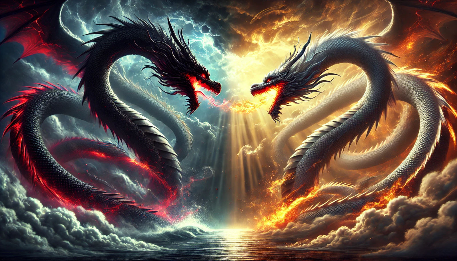 Two colossal serpentine dragons clash in a storm above the ocean, one black and one white, their fire and lightning coll...