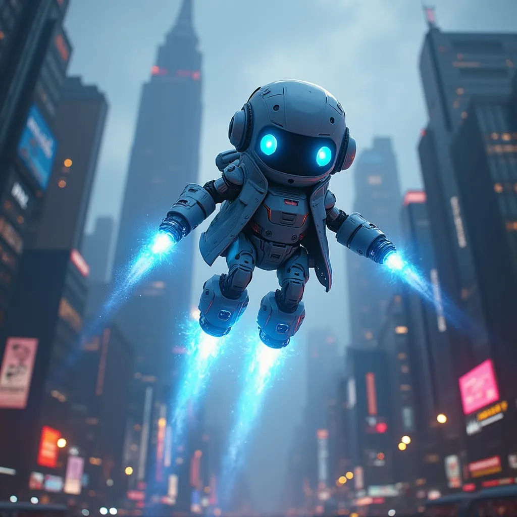 Cute futuristic robot with glowing blue eyes and jacket launching into the sky with rocket boosters, blue flames and ene...