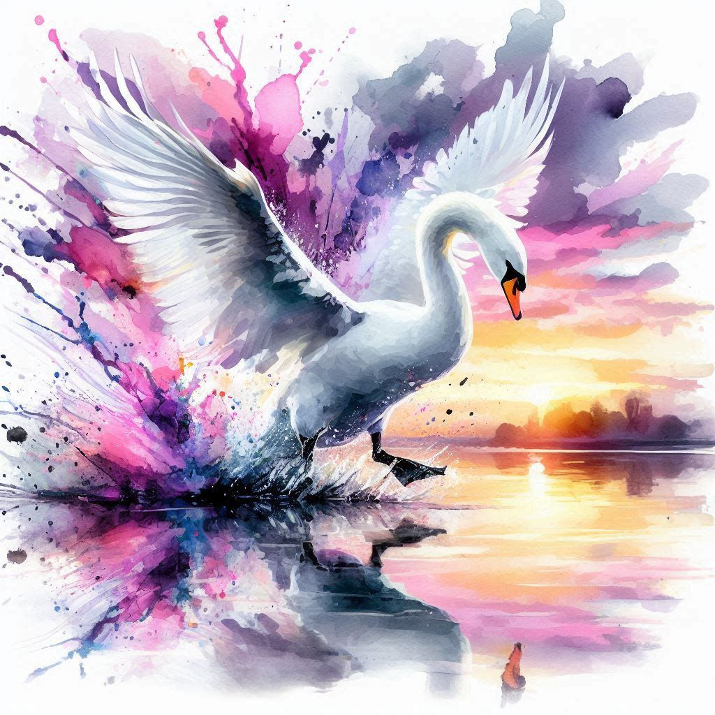 watercolor of a white swan with its wings spread wide, landing on water, with a splash merging with vibrant watercolor effects in pinks, pur...