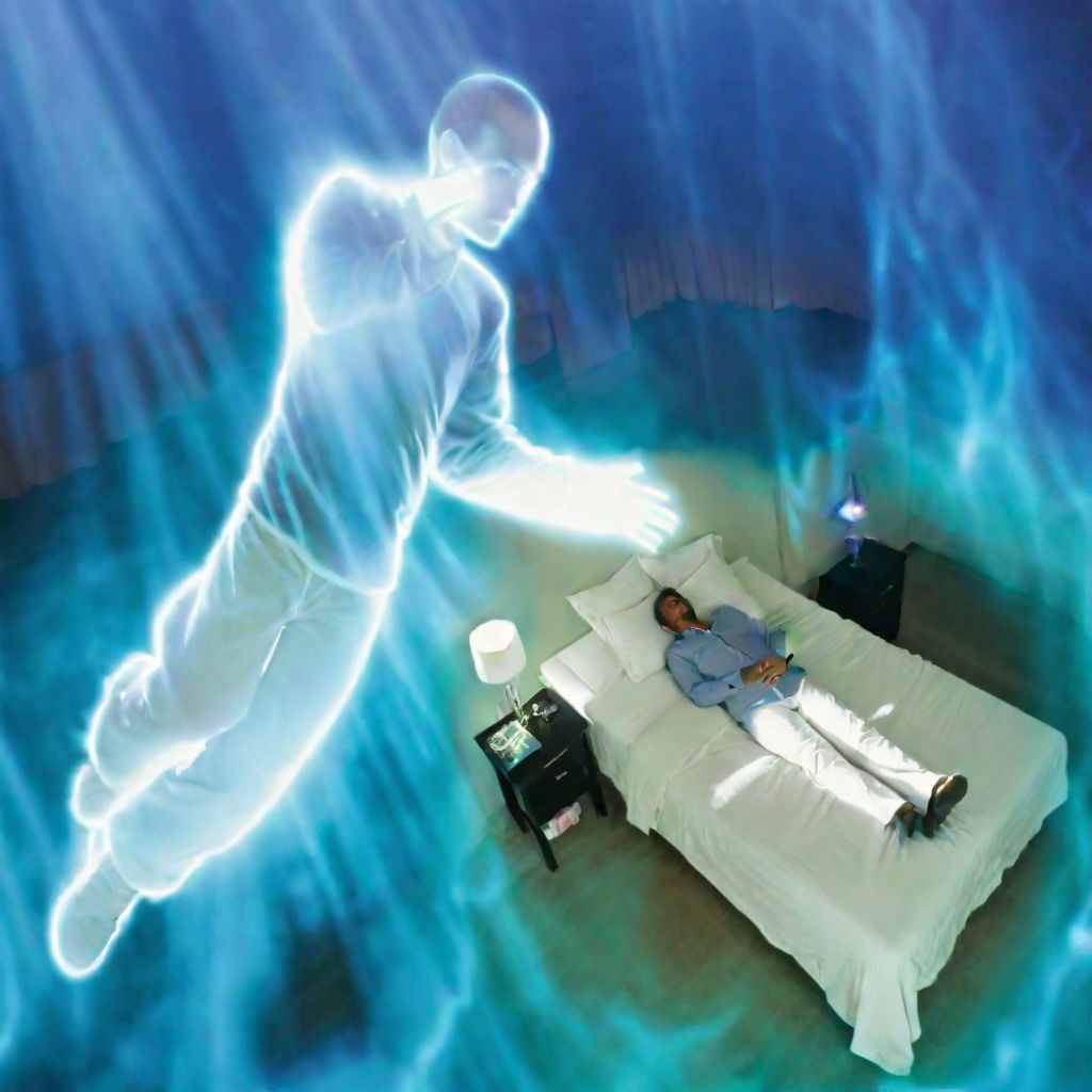 a man that is laying down on a bed, a hologram, forbidding spirit!!, air is being pushed around him, entity, rip, reincarnation, caretaker,...