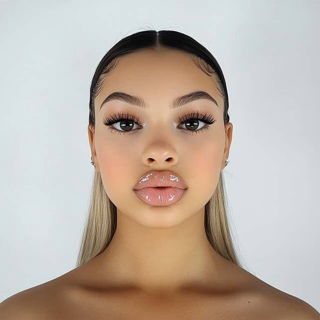 Hyper-realistic, high-contrast cinematic portrait of a female subject, facing the camera straightforward with a serious expression. Editoria...