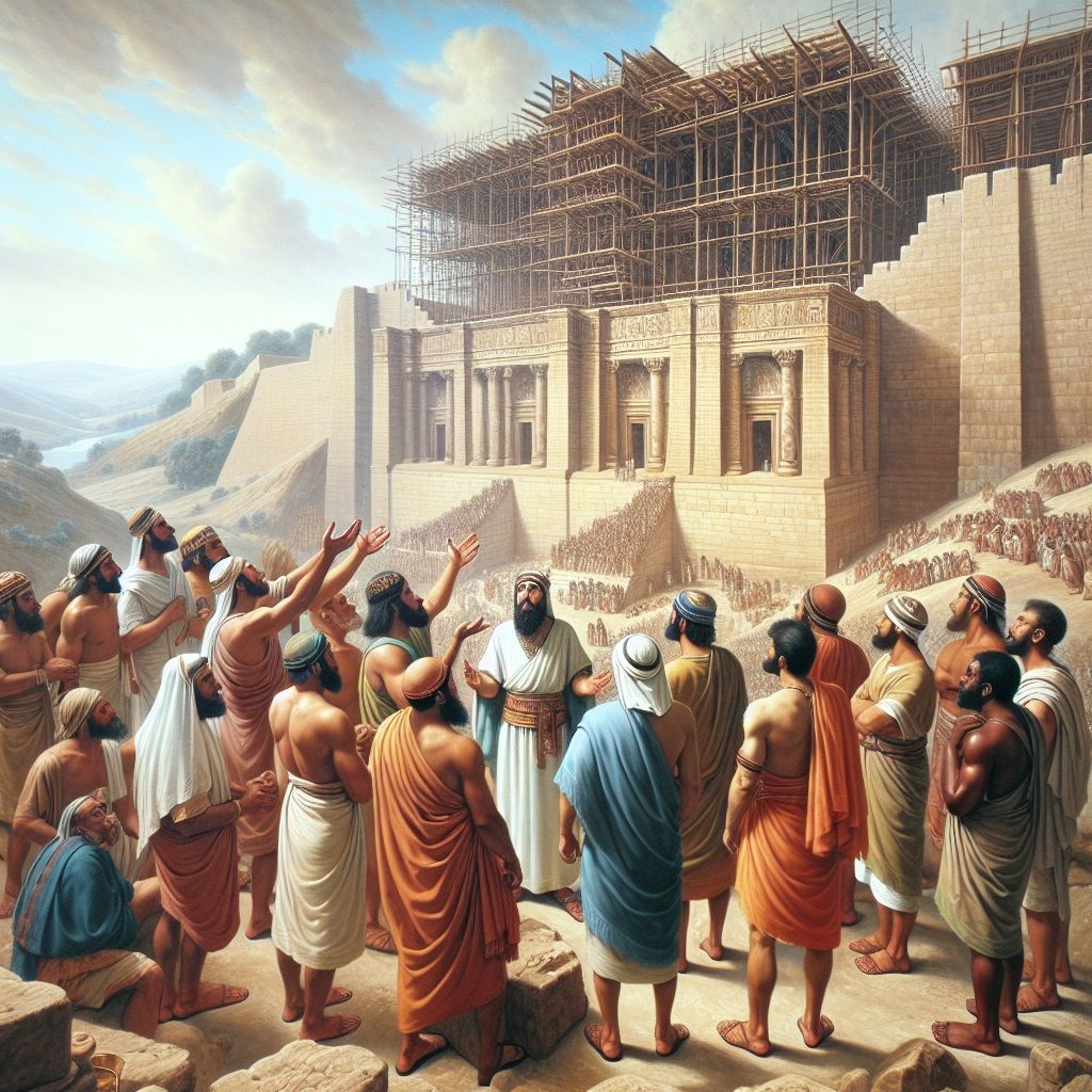 Jesus and 12 friends marvel at the construction site of the Jerusalem Temple in the courtyard.  Mt24:1