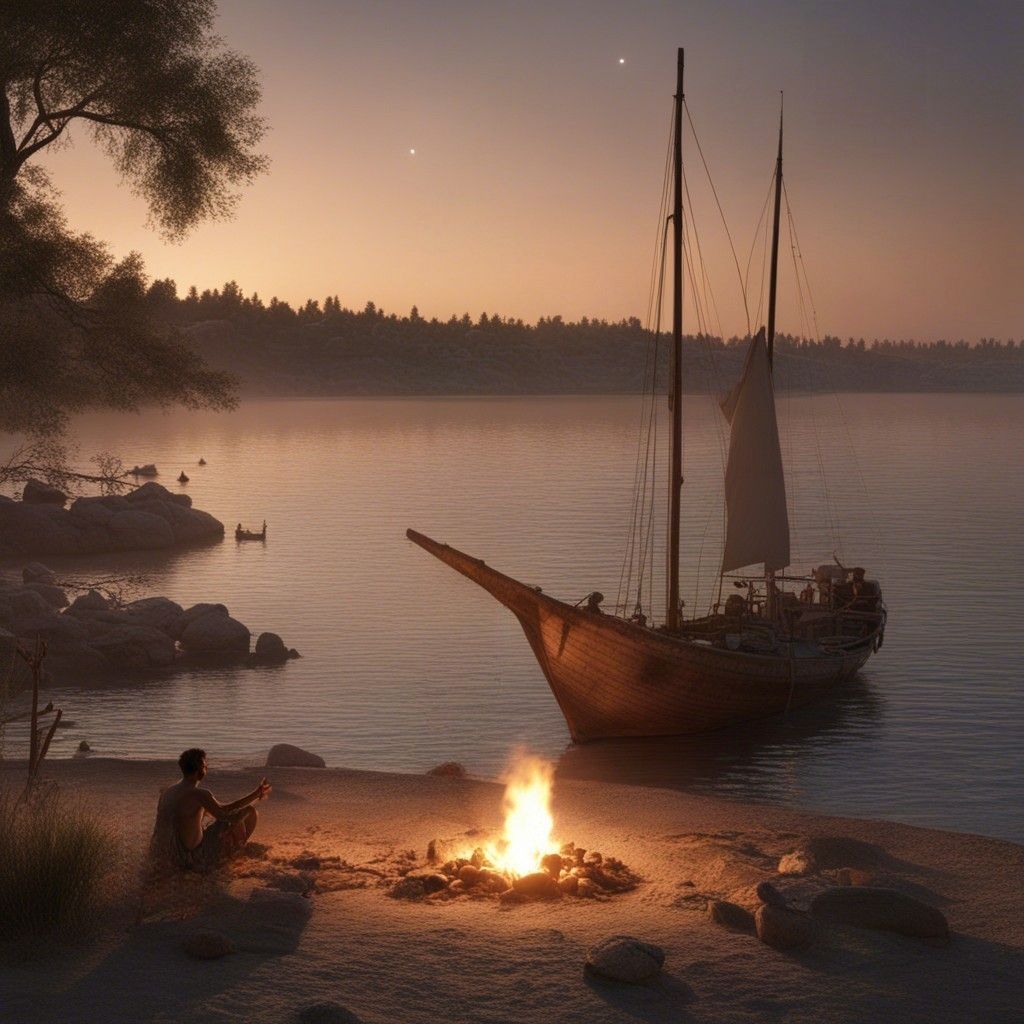 Dawn: Jesus at the fire on the lake waiting for the sailing boat - John 21 - from https://telegra.ph/Commentary-on-the-Book-of-Revelation-by-John-07-07
