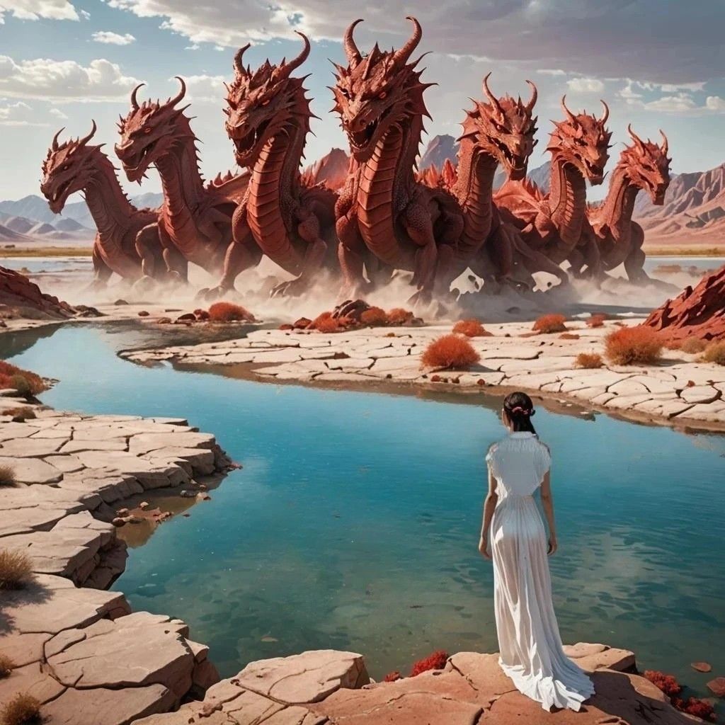 Background: Red dragon with seven heads and golden crowns on them. Foreground: Woman in white at sea in the desert.
