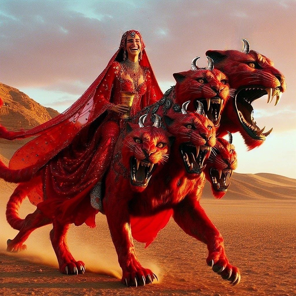 A happy woman in red on a red predator - Revelation 17/18