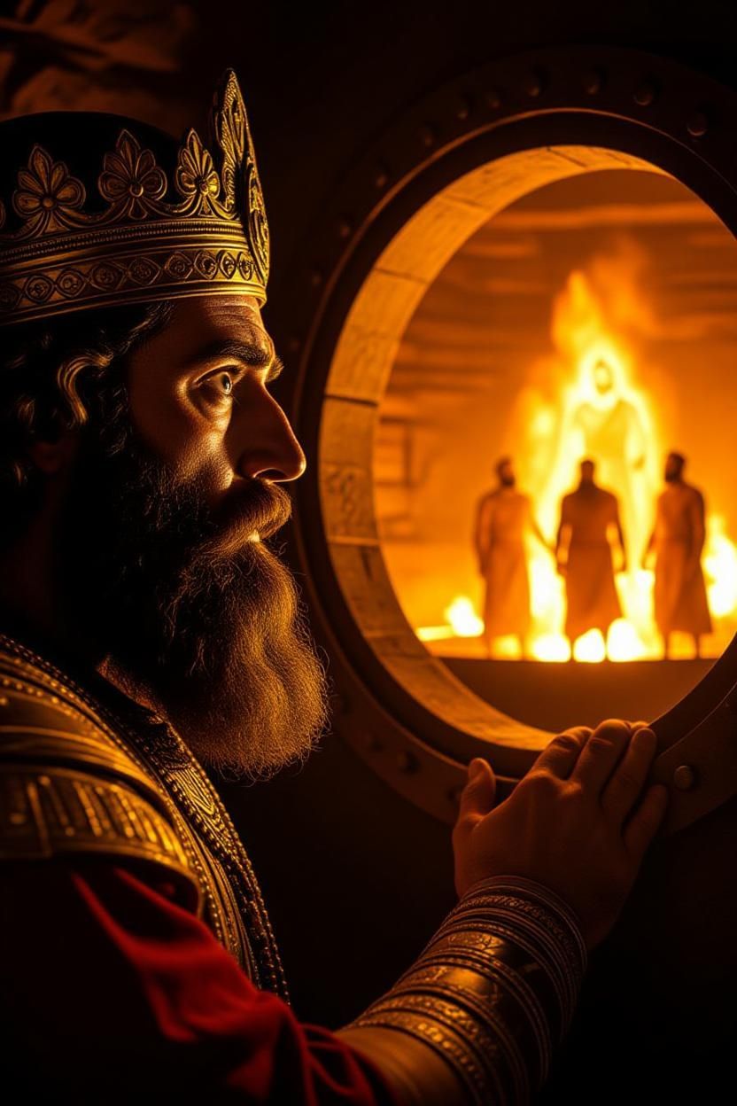 580 BC: A king is looking through a hatch into a large furnace. Between the flames: Three men are in the furnace and behind them a larger fourth man. - Daniel 3