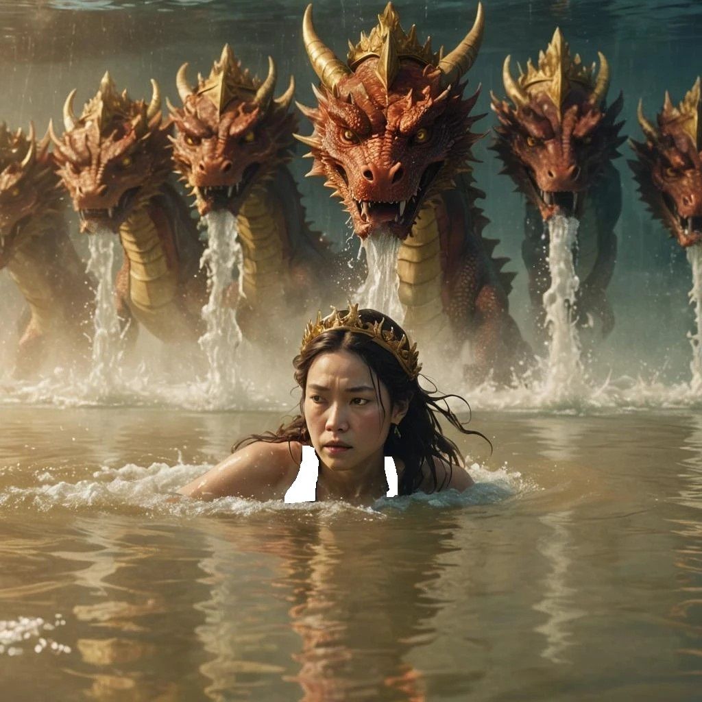 Dragon with golden floods white-clad woman. Explanation: https://telegra.ph/Commentary-on-the-Book-of-Revelation-by-John-07-07