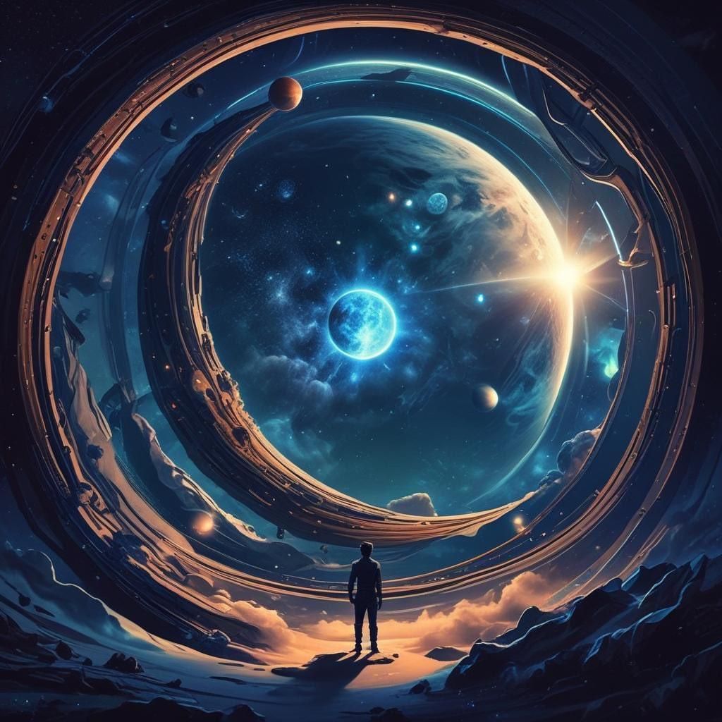 The image features a man standing in front of a large, circular, planetary image with a sunrise in the middle, set against a backdrop of st...