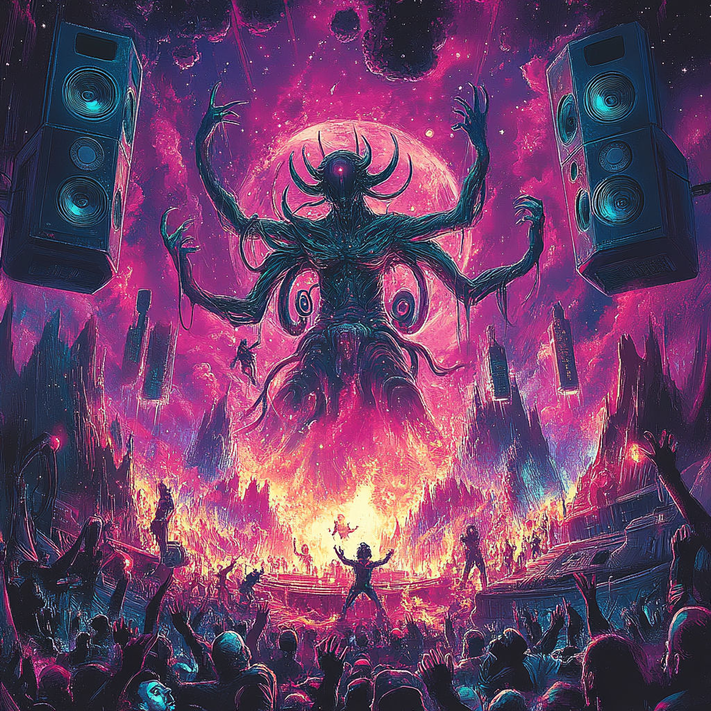 A psychedelic and dark illustration of an alien god with multiple arms dancing around people on floating islands in the sky. There is space...