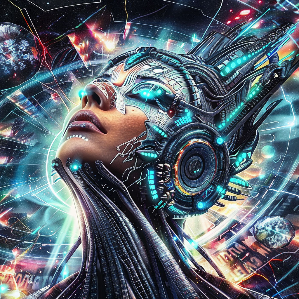 sci-fi cyborg godess , sci-fi elements, sci-fi ornaments, sci-fi blue and red lights, electronic circuits 