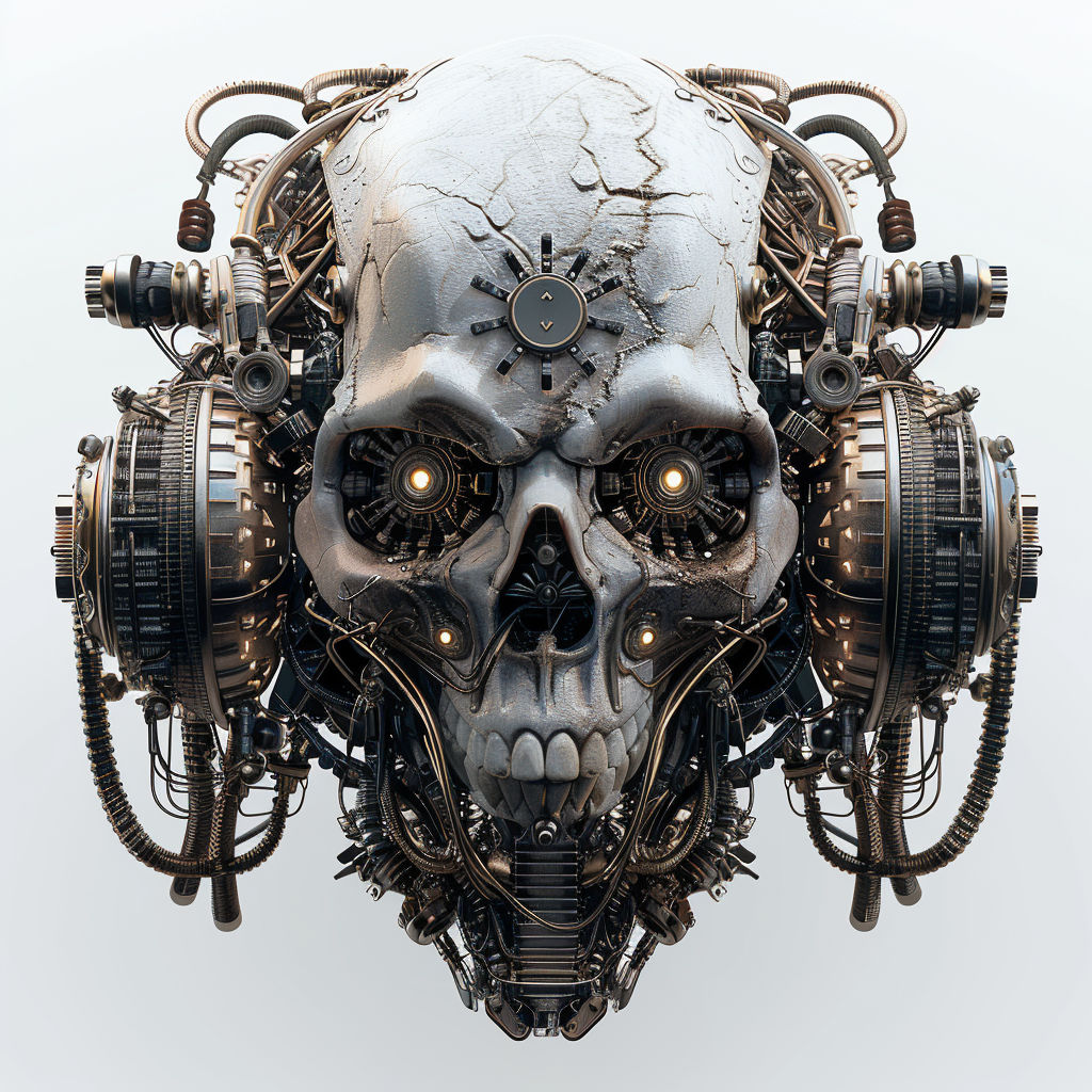 Dj cyborg skull wearing headphones isolated on white background 