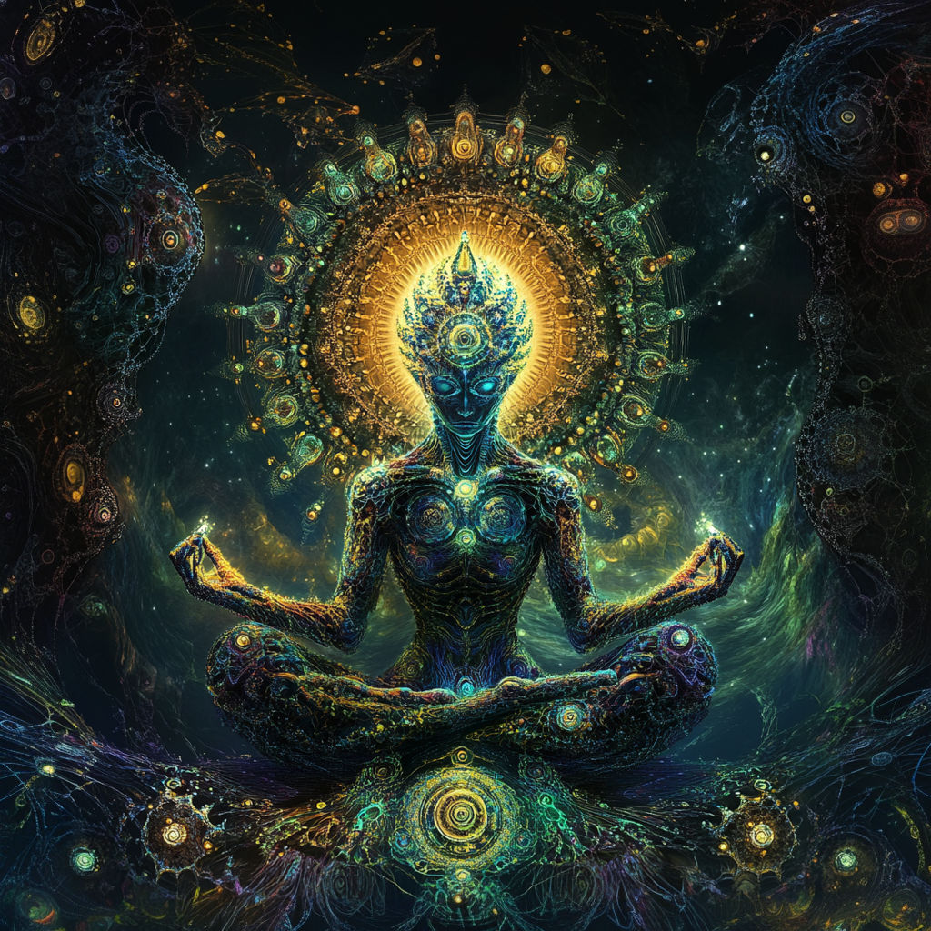 An alien meditating, mandelbrot alien fractals intricate details, blue yellow green neon colors, 3d render