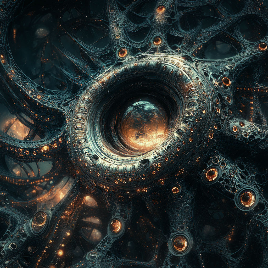 bottom view of a nightmarish giger biomechanic steampunk ultradetailed giant god metal and glass creature. biomechanic impressive gigantic b...