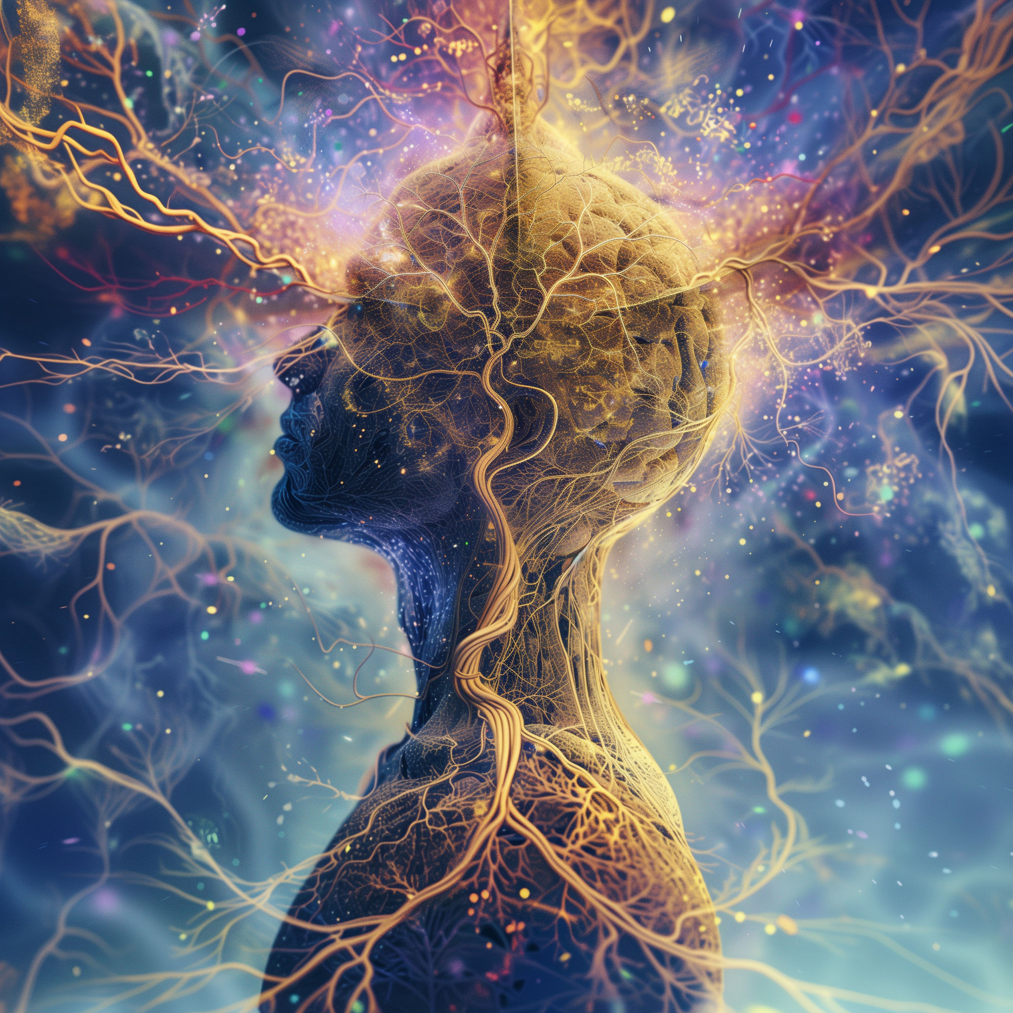 psychedelic artwork depicting the self as the as the body being rendered in 3D space from optical input with the nervous system and brain me...