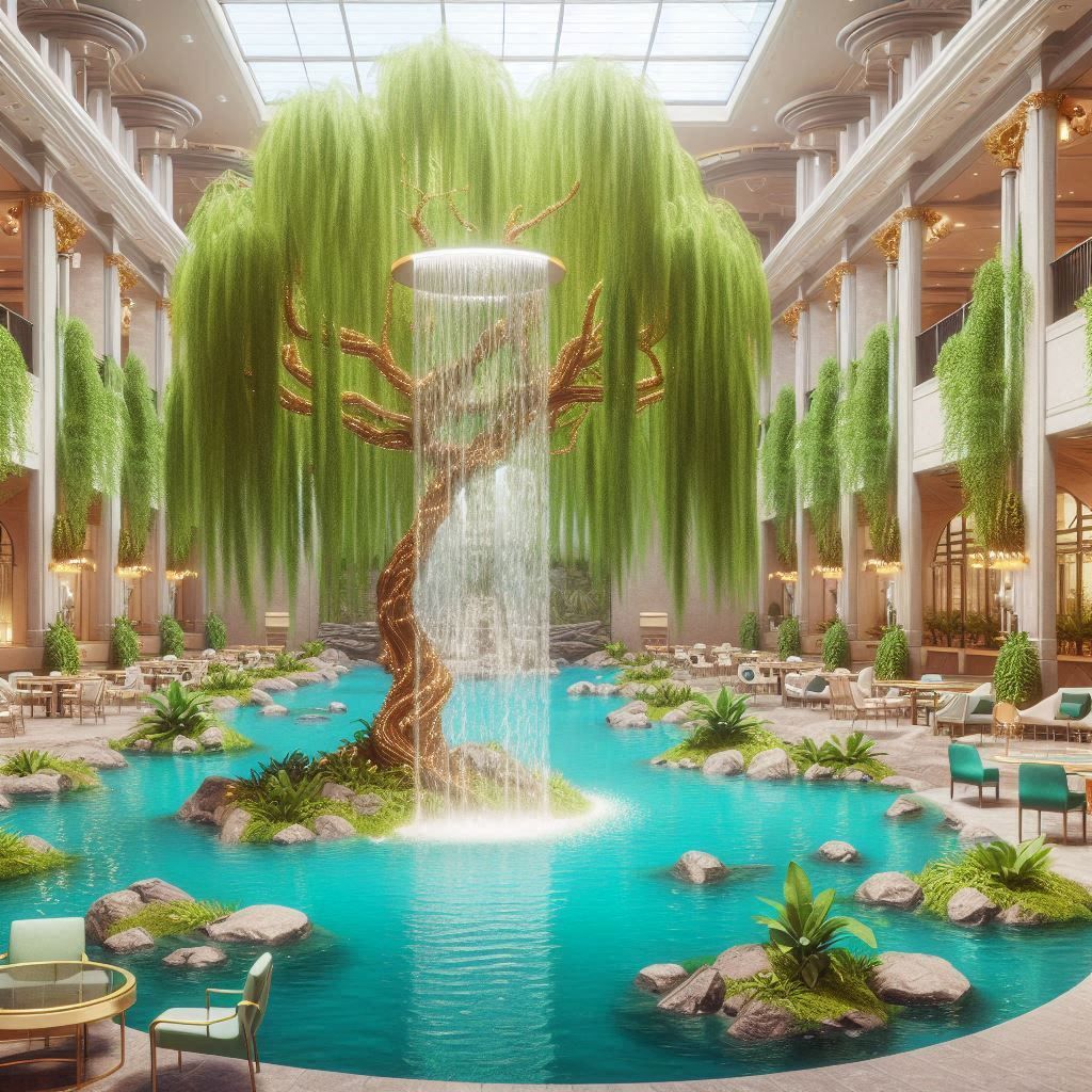 <lora:New Cubic Wave:1.0> Corporate Mormon Luxury Elite Upper-class ultra-modern Mall lounge with a corporate weeping willow and a turquoise...