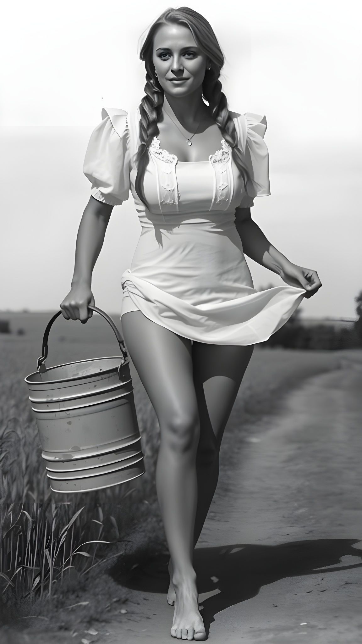 beautiful woman with braided blond hair, wearing a short white dress, walking barefoot on a dirt path through a field, h...