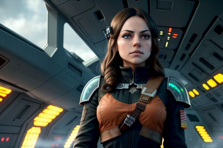 An image of a Full body shot of Mila Kunis as battle torn orange army green cyber robot (Mandalorian like) Rebel Alliance Commander, coverin...
