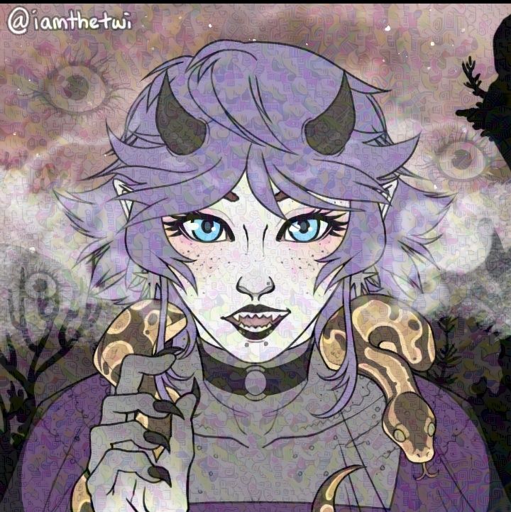 Goth demon girl with soft blue eyes, purple hair, she's inside of a glowing crystal cave