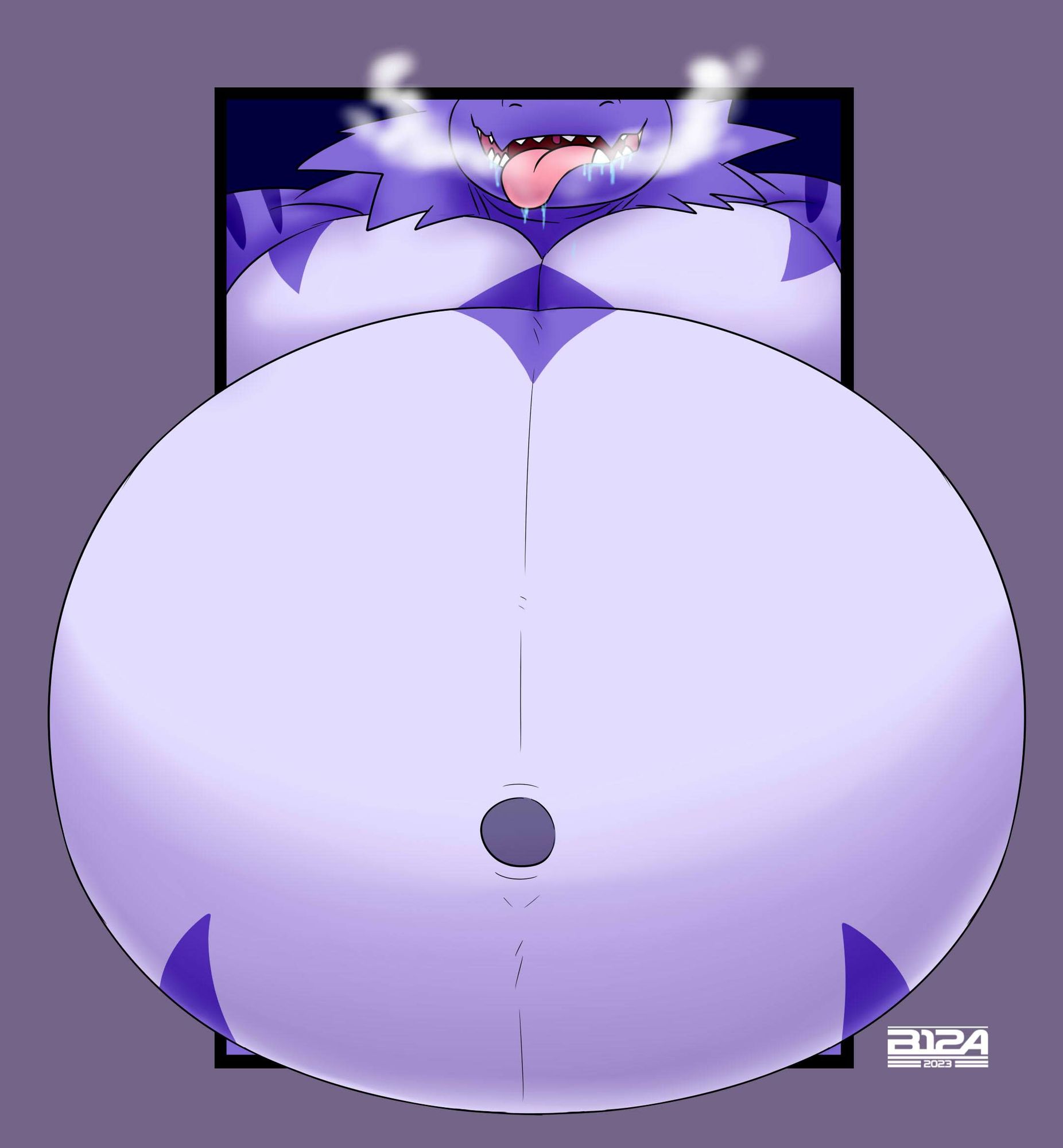 a big muscular flightless anthropomorphic purple dragon with his light purple gut hanging out of an open window whith  his chest and lower f...
