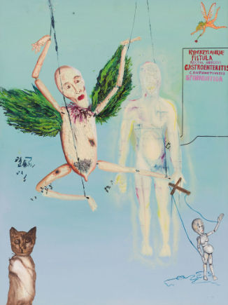 ghost cybernetic cyber technology alchemy dog over the stars surrounded by triangle ufos blacklight glow in the dark neon holographic among...