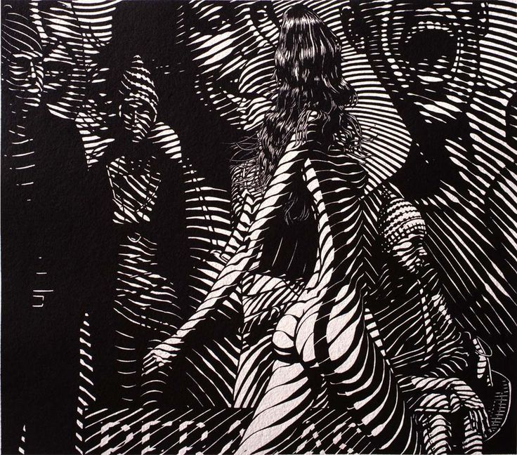 Realistic linoprint of a Woman and a men with an umbrella. They are Standing under a street light. It rains. 