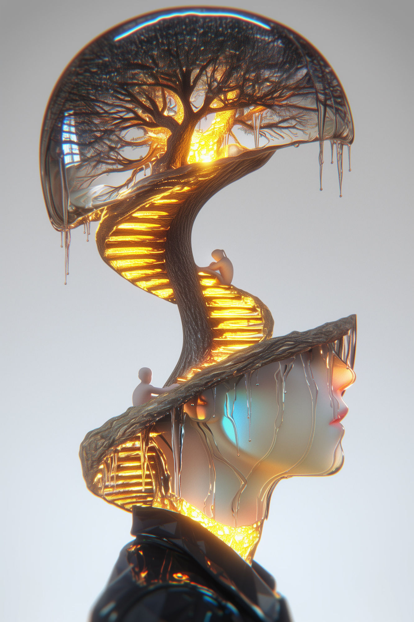 A double exposure of the silhouette of two heads and trees, creating an abstract representation of growth or evolution. The background is a ...