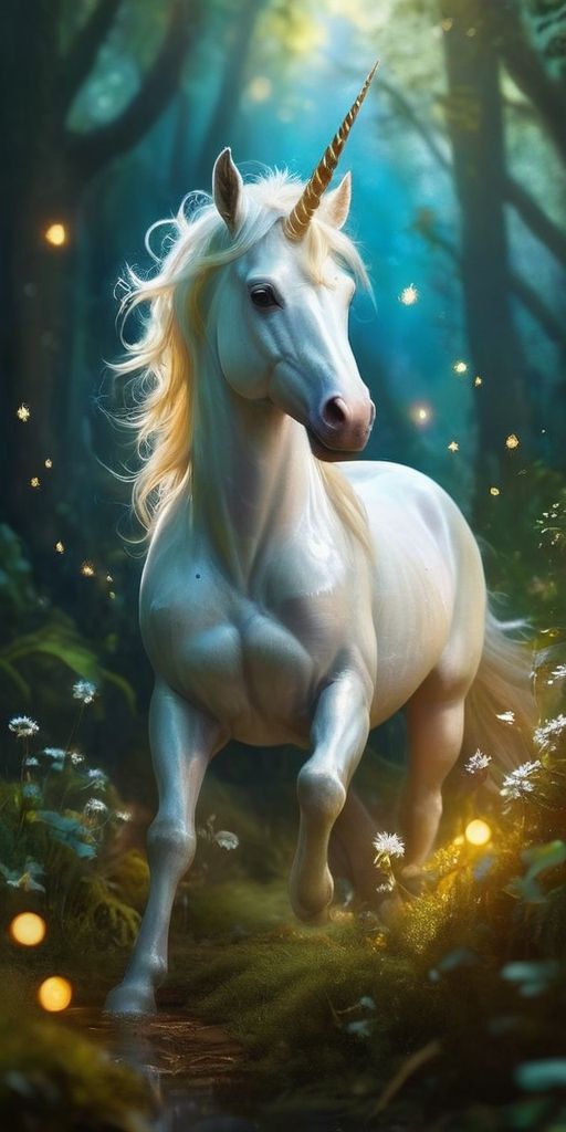 Baby Unicorn in a Mystical Glade In a mystical glade illuminated by shafts of golden sunlight, a baby unicorn with a silky white coat and a ...