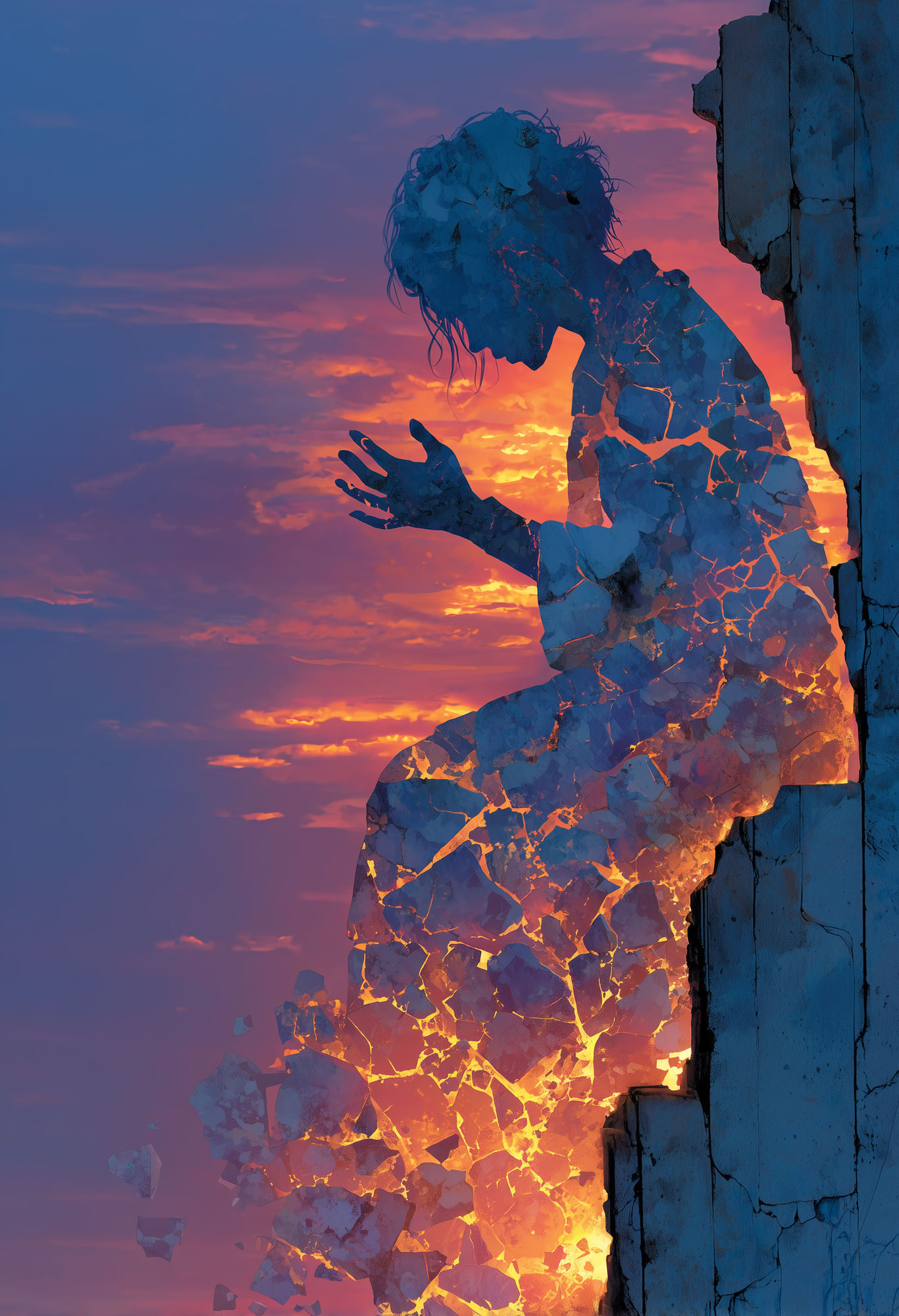 A person's silhouette, hands pressed against an invisible force, their body vibrating with an internal shake. One half of the scene depicts ...