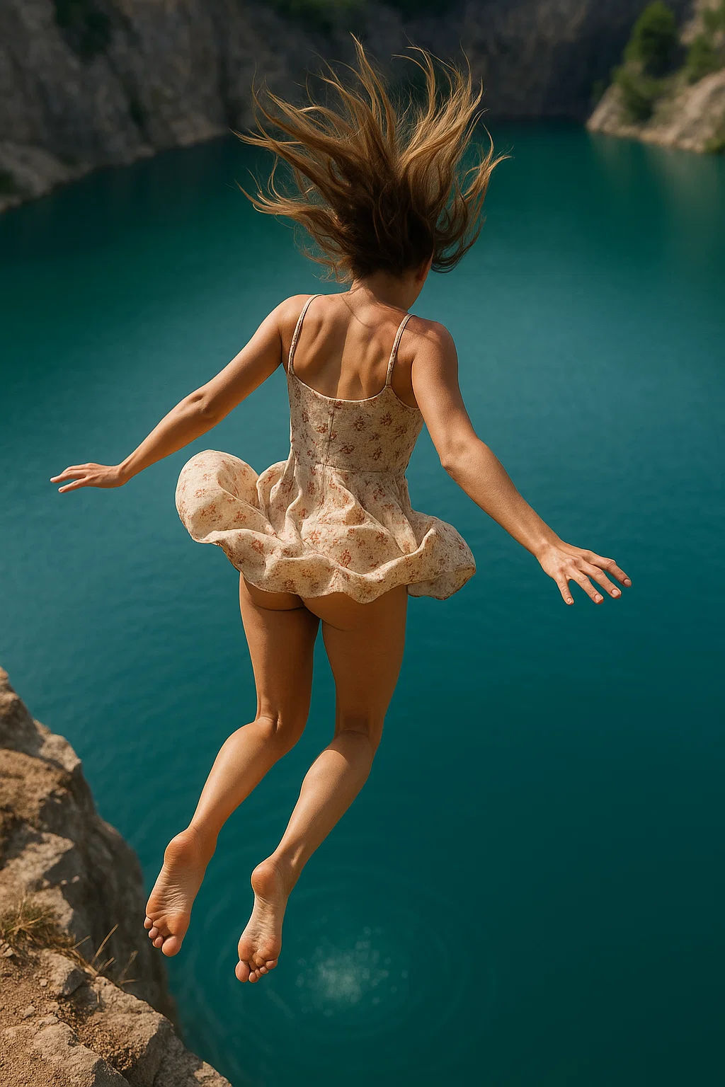 A hyper-realistic photo. A beautiful young woomen in the process of fall (feet first) from a cliff to a lake from a height. She wears a very...